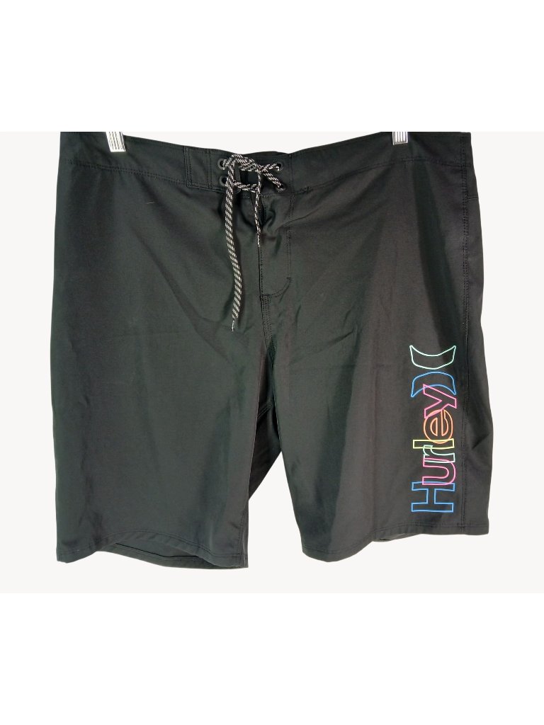 Hurley Mens Black Board Shorts Size 36 Rainbow Logo Back Pocket Crossover Swim